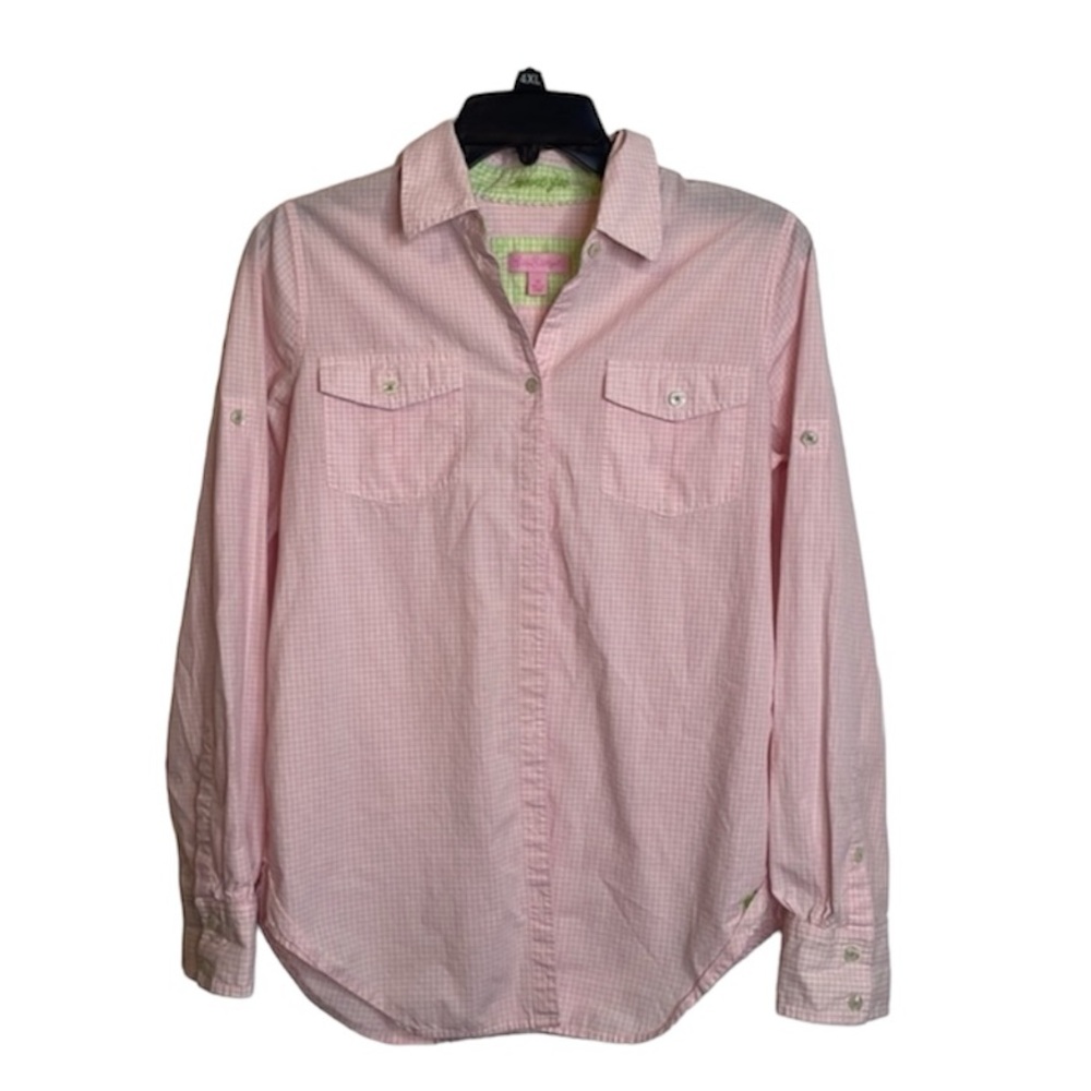 Lilly Pulitzer Resort Fit Shirt Button Front Blouse Gingham Pink White